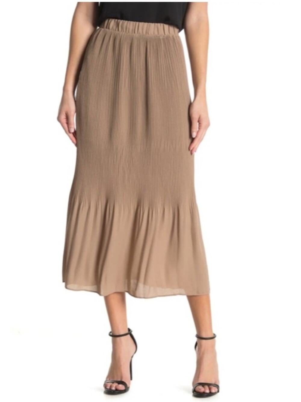 Pleione Taupe Pleated Midi Skirt